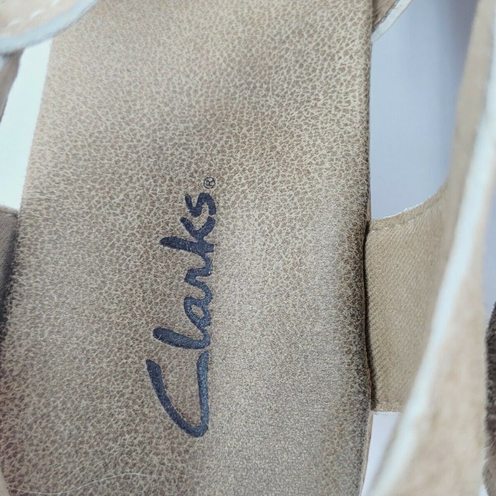 Clarks Tan Suede Open Toe Slingback Cork Wedge Sandal Size 9M - Picture 6 of 9